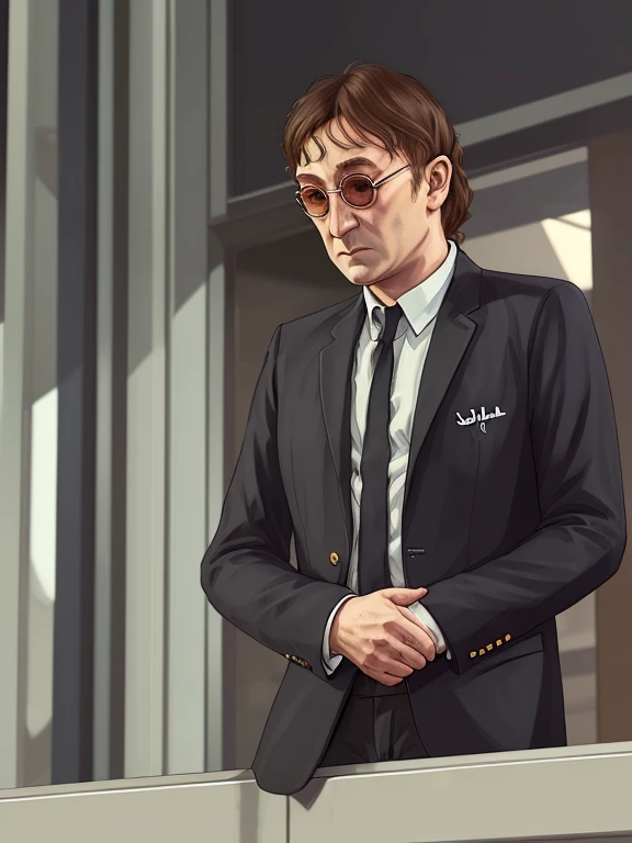 best quality, artwork-gta5 heavily cartoonish stylized portrait, (hyperdetail:1.15), (soft light, sharpness:1.2), action pose, action shot, (John Lennon:1.4) in black suit, near bank entrance, gtaV, gta5