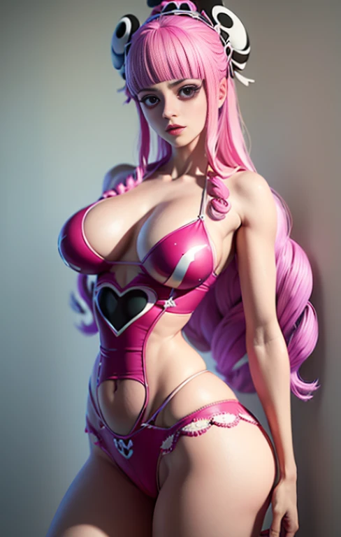 Perona one piece, Pose de modelo, (((pernas grossa))),  extremely high quality, A mais alta qualidade de imagem, Top resolution, Fotos RAW, Realistic, Foto Realista, ultra detalhado e bonito, Detalhes mais altos, Pele clara bonita e brilho,  (seios grandes...