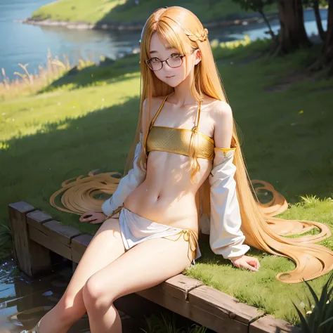 long hair of golden color、hime-cut、Golden Eyes、eye glasses、ssmile、Early teens girl、Smaller chest、Thin pubic hair、bath towels、Opening legs、grass field