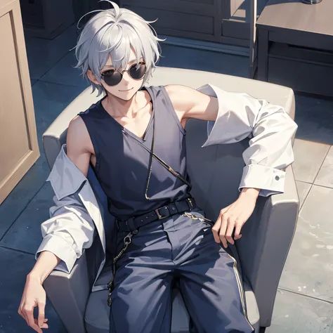 1boy, solo, silver hair, undercut messy hair, holding circular sunglasses,big open smile,sitting on a throne one leg on top of the chair, head rested on top of his hand, wearing a sleeveless blue shirt, white baggy pants