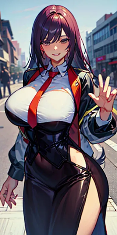 (Masterpiece: 1.6, Best Quality), (Fine and Beautiful Eyes: 1.2), (Overhead), High Quality, Beautiful Face, 1girl, Leather Tight Skirt, Extra Large Leather Jacket, Big Tits, Long Hair, Wide Hips, (Landscaped), Street, Background, Detail Background, Spooky ...