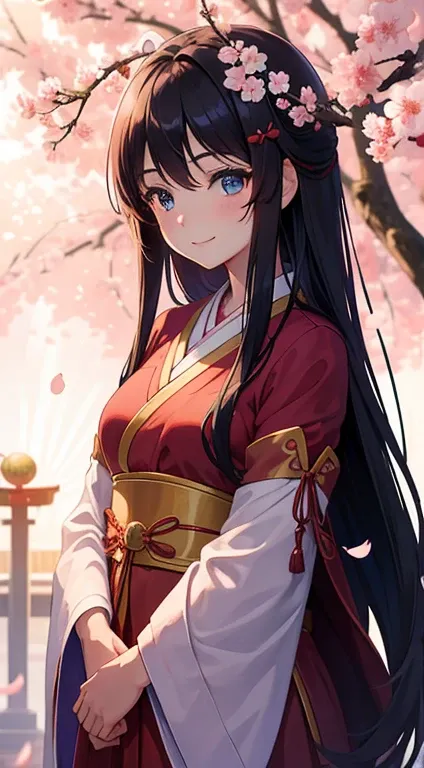 1girl, long brunette hair, blue eyes, smiling, looking at viewer, long shrine maiden outfit, morning, sunbeam, Buddhist temple, cherry blossom trees, cherry blossom petals, masterpiece, 8K, high contrast, perfect lighting, perfect clothes, perfect anatomy,...