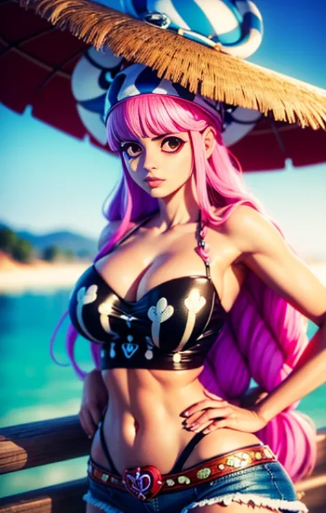 Perona one piece, Pose de modelo, (((pernas grossa))),  extremely high quality, A mais alta qualidade de imagem, Top resolution, Fotos RAW, Realistic, Foto Realista, ultra detalhado e bonito, Detalhes mais altos, Pele clara bonita e brilho,  (seios grandes...