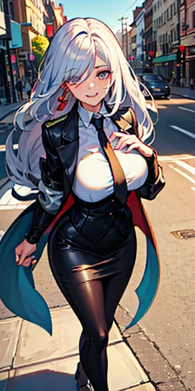 (Masterpiece: 1.6, Best Quality), (Fine and Beautiful Eyes: 1.2), (Overhead), High Quality, Beautiful Face, 1girl, Leather Tight Skirt, Extra Large Leather Jacket, Big Tits, Long Hair, Wide Hips, (Landscaped), Street, Background, Detail Background, Spooky ...