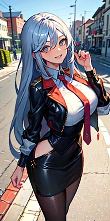 (Masterpiece: 1.6, Best Quality), (Fine and Beautiful Eyes: 1.2), (Overhead), High Quality, Beautiful Face, 1girl, Leather Tight Skirt, Extra Large Leather Jacket, Big Tits, Long Hair, Wide Hips, (Landscaped), Street, Background, Detail Background, Spooky ...