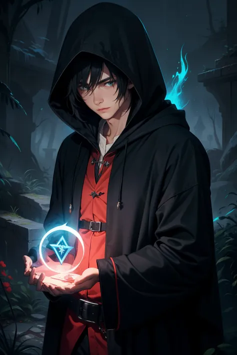 man mysterious elf assassin arcane trickster rogue dark robe hooded short black hair, casting a magic spell with runes