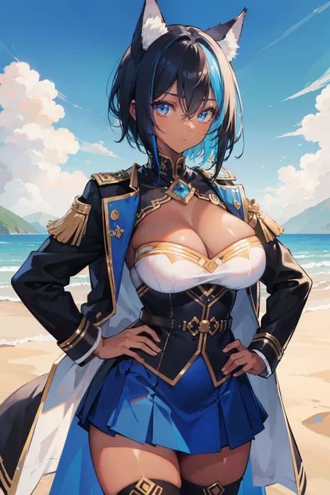 (masterpiece, best quality:1.2), illustration, 8k, hd, solo, 1girl, ((tan, dark skin)), black hair, blue eyes, Egyptian, hair ornaments, large breasts, hand on hip, ((wolf ears, short hair,)) voluptuous, coat, military uniform, skirt, armlet, thigh high bo...