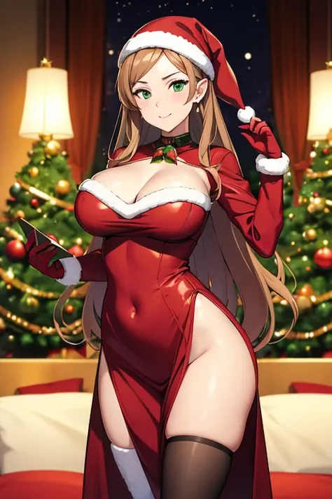 masterpiece, best quality, 1 solo girl, dark brown hair, emerald green eyes, elf ears, very long hair, very wavy hair, Christmas ornaments, very big breasts, mature body and face, red santa dress, christmas, christmas light, christmas tree, red gloves, red...