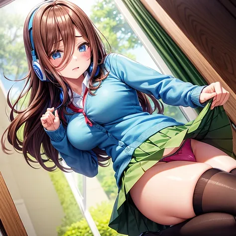 Brown-haired schoolgirl、Green skirt、light blue cardigan、Semi-long hair、Blue headphones、Black pantyhose、red blush、embarassed face、(white panty)、skinny legs