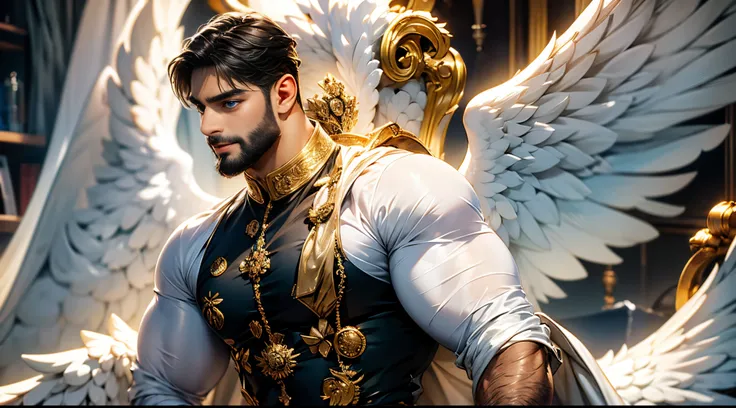 (best quality,ultra-detailed,realistic:1.37), Daegan, dark-tanned skin,2 angel wings,blue eyes,small beard, medium-long haircut,casual clothing, man stance,illustration,vibrant colors, classic outfit.