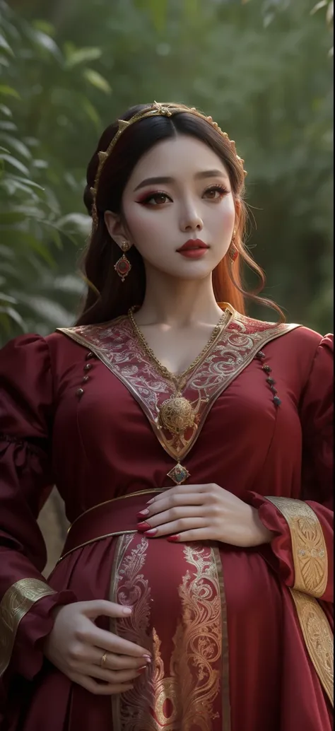 una mujer embarazada con un vestido rojo y un collar de oro, Princesa medieval, Antigua reina, as a medieval fantasy character, Estilo medieval, Vestido con ropas medievales, Ropa medieval, En un estilo renacentista, Ropa medieval, Retrato de Reina, Dresse...