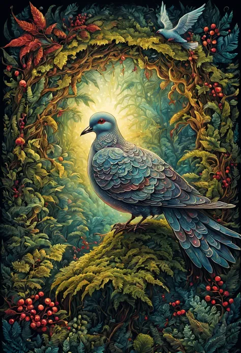 centered, triadic colors, best quality, a close up highly detailed Dove, moss, ferns, rowanberries, highly detailed glittering scales, by Craola, Dan Mumford, Andy Kehoe, 2d, flat, cute, adorable, vintage, art on a cracked , fairytale, storybook detailed i...