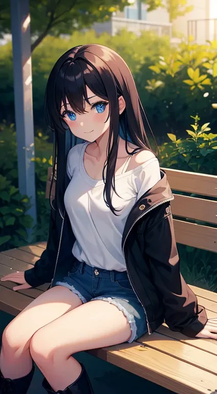 1girl, long brunette hair, blue eyes, smiling sweetly, looking at viewer, wearing jacket outside, open jacket, inner plain shirt, collarbone, denim shorts, knee high boots, night time, playground, sitting on a bench, playground lamps, masterpiece, 8K, high...