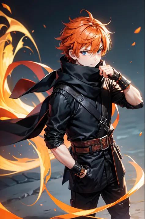 Boy in a black scarf with orange hair and full black armor anime style