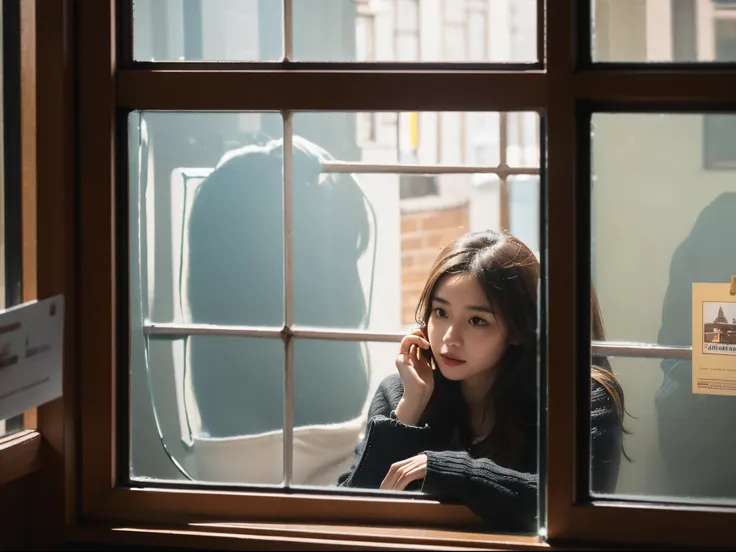 1girl, a woman sitting by the window of a coffee shop drinking coffee, a picture of the inside outside the window, (shot on out of the window:1.5), (face that visible through the glass:1.5)