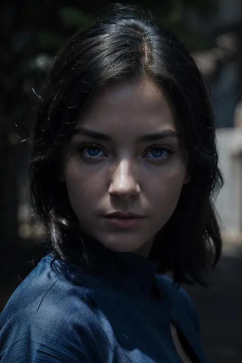 high resolution image of a animation women in shade of darkness, the focus is on her eyes,  the face mainly emphasis her face, the face takes most of image , the background is dark blue, goes from bright top blue to dark blue at the bottom of the image