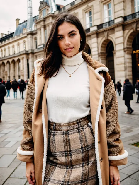 realistic girl, brunette, gorgeous, perfect body, long tan fur jacket, brown turtleneck, street, Paris, Louvre in the back