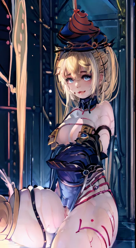 (nsfw:1.5),(High-quality CG),(a blond),loli girl, Twin-tailed hair, Blue eyes,, Open chest, Acme face with a shy smile, masutepiece, High quality,((Sit on the seat and spread your legs 1.5)),(marie rose 1.5),(Acme face),( Thank you mode vagina),(Soup),(Lor...