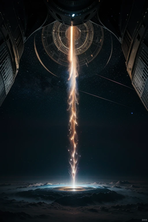 (best quality,4k,8k,highres,masterpiece:1.2),ultra-detailed,(realistic,photorealistic,photo-realistic:1.37),space ship emerging from a wormhole in deep space,interstellar spacecraft,glowing blue warp tunnel,cosmic whirlpool,stars and galaxies,awe-inspiring...