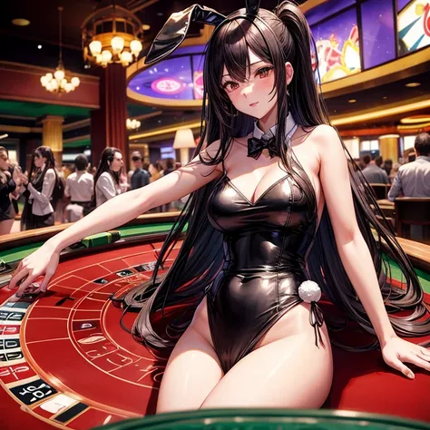 casino,Roulette table,bunnygirl,dealer,black and long hair