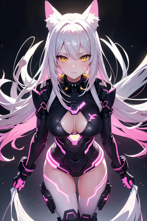 Pretty, Woman, Sexy face, Yellow eyes, White hair, Slim body, Sexy Pose, Pink tights, mechs, Neon sign, Led Night City, Seen from above, High quality, anime, Beautiful light, full detail, Black background, anime style, masterpiece, best quality, high quali...