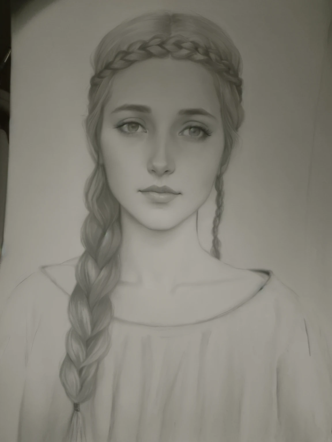 a drawing of a woman with braid hair and a headband, faded drawing, masterpiece! portrait of arwen, a pencil sketch, inspired by Altoon Sultan, inspired by Wenceslas Hollar, head and waist potrait, inspired by Alphonse Legros, inspired by Hans Memling, rea...