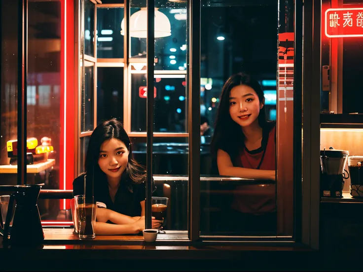 1girl, a woman  sitting by the window of a coffee shop and drinking coffee. night, ((hong kong)), red light, neon sign, (little smile:1.2), the photographer walking down the street looked beautiful and took pictures of her outside the window, snapshot, str...