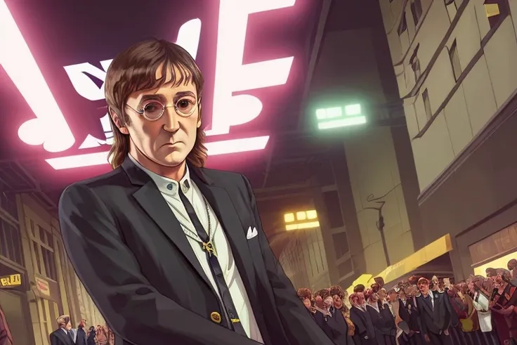 best quality, artwork-gta5 heavily cartoonish stylized portrait, (hyperdetail:1.15), (soft light, sharpness:1.2), action pose, action shot, (John Lennon, Paul McCartney, George Harrison, Ringo Starr:1.4) in black suit, near bank entrance, gtaV, gta5