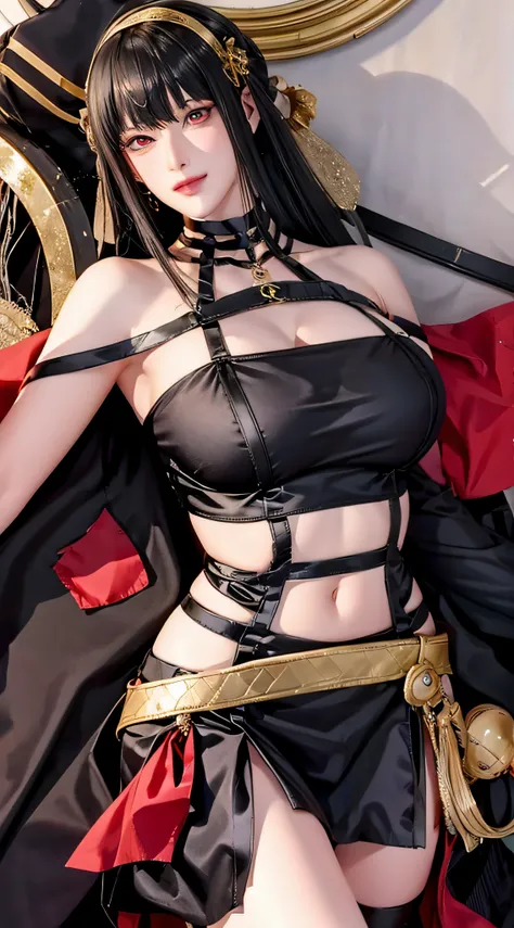 （（（Heather Rose Tartare, through bangs, side locks, shairband, Red pupils, shairband, black hair color hair,Lop, bshoulder,  鎖骨, black long dress，Hang the pendant near your neck，S-shaped body:1.7））），((tmasterpiece)),A high resolution, ((Best quality))，tmas...