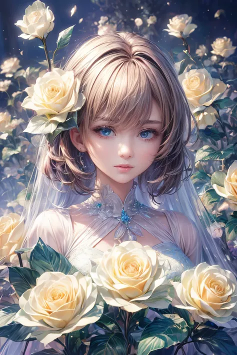 (best quality:1.4), (masterpiece:1.4), ultra high resolution, 8K, CG, exquisite, upper body, lonely, thumb girl, little princess, blue taffeta court dress, green leafy floral background, detailed facial features, brown hair, almond-shaped eyes, detailed ey...