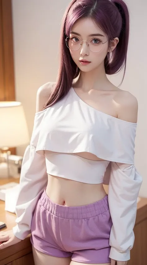 A beautiful woman standing in class room, wearing ((glasses, off shoulder crop top, hotpants)), pale skin, smooth pale skin, skin tune pink, perfect body, detailed body,((round big breast, small titts, big hips)), cute face, purple hair, pigtail hair, supe...