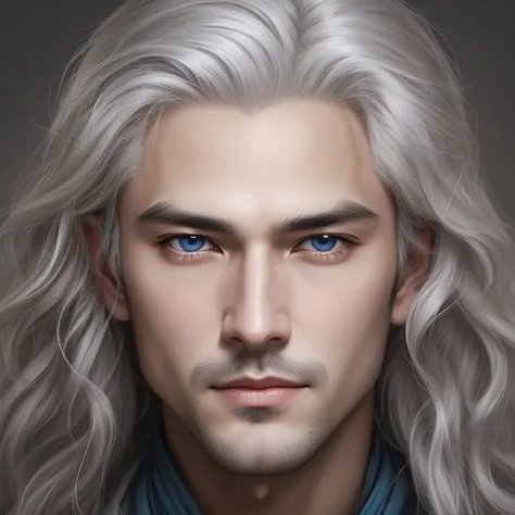 a closeup of an asian man with long white hair and blue eyes, fantasy male portrait, guapo impresionante realista, white magic hair, tiene pelos blancos brillantes, Un retrato de un Rey, Similar a Legolas, Rey Medieval, Medieval, Estilo de Juego de Tronos,...