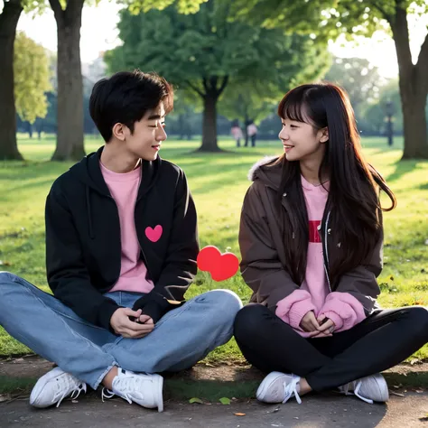 A boyfriend and girlfriend are sitting cross-legged and making a heart shape together in the park.