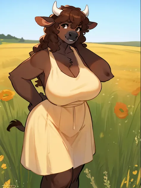 By bebebebebe, by lostgoose, by goonie-san, solo, female, bovine, cow, dark brown fur, brown hair, medium hair, wavy hair, horns, black nose, smiling, big breasts, curvy, thicc, standing, sundress, field