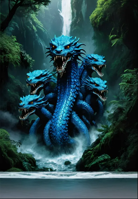 hydra, with 6 heads, the 6 heads are from ferocious wild dogs, the skin on its body is made of blue lizard scales, the hydra is in the middle of the Amazon forest, on top of a waterfall, full body