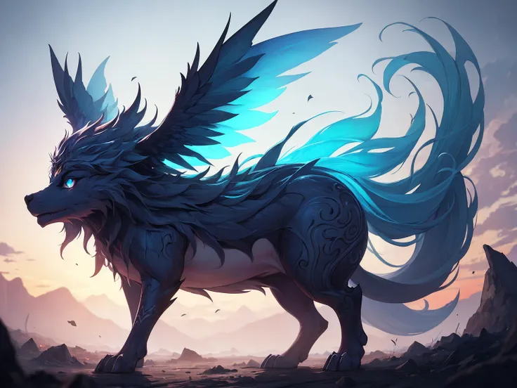 ((best quality)), ((masterpiece)), (extreme detailed, highest detailed, beautiful and aesthetic), mythical creature, beast, fluffy, gradient color fur, beautiful and detailed eye, blue eyes, depth of field, full body, chibi