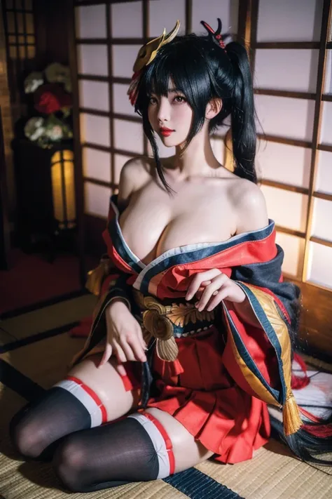 black hair,,1girl,thighhighs,japanese clothes,solo,long hair,mask,red kimono,kimono,taihou (azur lane),bare shoulders,wide sleeves,skirt,black thighhighs,sash,off shoulder,cleavage,mask on head, best quality,masterpiece,illustration,an extremely delicate a...