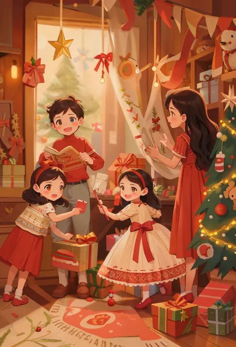 Four children standing in front of the Christmas tree,Happy communication sets up the Christmas atmosphere