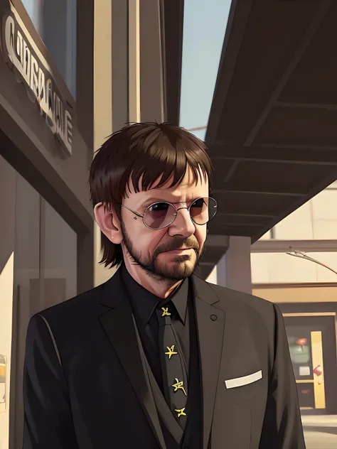 Best Quality, Artwork - GTA5 A rather cartoonish stylized portrait, (Hyper-detailing:1.15), (Soft light, sharpness:1.2), actionpose, action SHOT, (Ringo starr:1.4) In black suit, Near the bank entrance, nffsw, GTA5