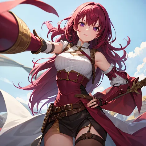 1girl, (maroon hair), purple eyes, small breasts, wielding a dagger, five fingers, medieval style vest and armor,