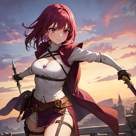 1girl, (maroon hair), purple eyes, small breasts, wielding a dagger, five fingers, medieval style vest and armor,