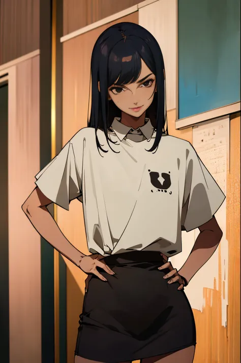 masterpiece, best quality, 23 year old woman, long blue black hair with bangs, brown dark eyes,, tanned skinn,, full lips, feminine and oval face, a small mole under her right eye. curveous body,, dressed in a short baby t-shirt and a miniskirt, upper body...