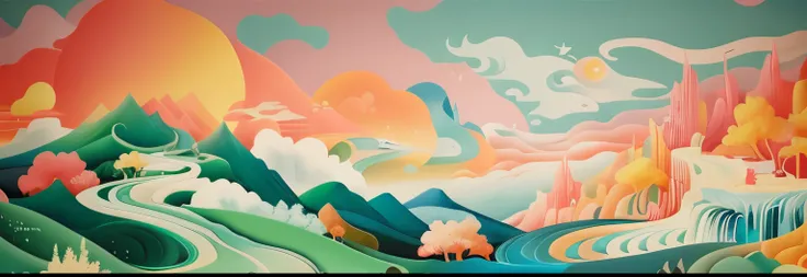 Colorful landscape mural，with a waterfalls，There are fish, painting of a dreamscape, a surreal dream landscape, Whimsical fantasy landscape art, Chinese hyper reality, by Yan Hui, author：Li Tiefu, Colorful flat surreal ethereal, in a surreal dream landscap...