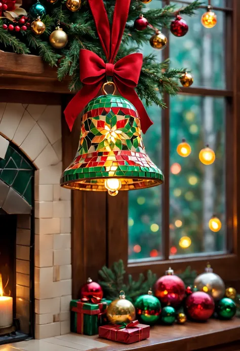 (a cute Christmas Jingling Bell for a mosaic ),aterial:mosaic,adolable; Additional details:a warm and cozy living room, colorful Christmas lights, a beautifully decorated Christmas tree, a crackling fireplace; image quality:(best quality, highres, realisti...