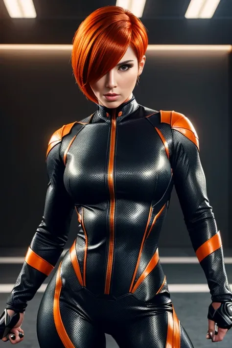 4k highly detailed realistic female superhero dressed in cropped carbon fiber, orange hair in a short undercut bob hairstyle, hair covering one eye, ((sharp Jawline)), (full body Including Legs), Seduction and fantastic poses