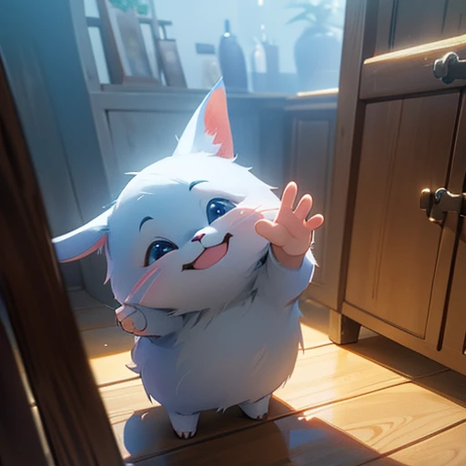 Cute cute little bunny waving and smiling greeting me, Unreal Engine, cozy interior lighting, detailed digital painting, film, character design by Mark Redden and Pixar and Hayao Miyazaki, Unreal 5, daz, surrealism, octane rendering, 3DMDT1