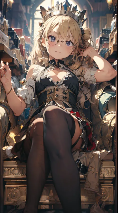 (The highest image quality, masutepiece:1.2), (Ultra Definition Illustration), NSFW, (very cute little princess:1.3), (1 girl:1.2), Solo, (From below), NSFW, gorgeous queen dress, sitting on the throne chair, Queens Crown, Full body, Round baby face, (Glas...