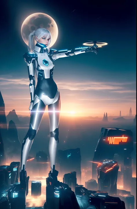 Holding a futuristic sci-fi ray-gun, Full body view. Futuristic high tech hacker german European human female with a beautiful slim figure in her skin-tight all-black bodysuit with beautiful artificial eyes and a small army of drones in an epic pose lookin...