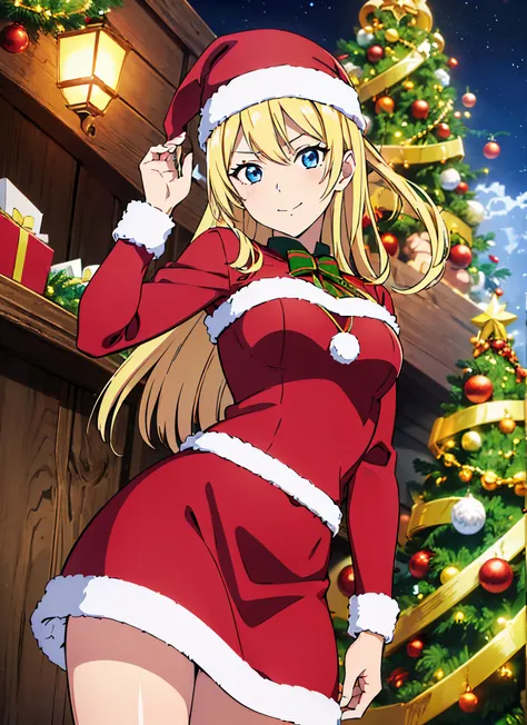 (masutepiece,Best Quality:1.4),superfine illustration,Shiny skin,Detailed skin,Detailed face,Detailed eyes,extremely cute and beautiful girl,Cowboy Shot,Beautiful face,Christmas, Girl in Santa costume、blue eyess、a smile