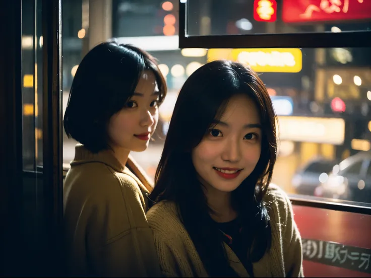 2girl, the girls talking in the coffee shop by the window, woman looking into the distance, night, tokyo, neon sign, (little smile:1.2), the photographer walking down the street looked beautiful and took pictures of her outside the window, snapshot, street...